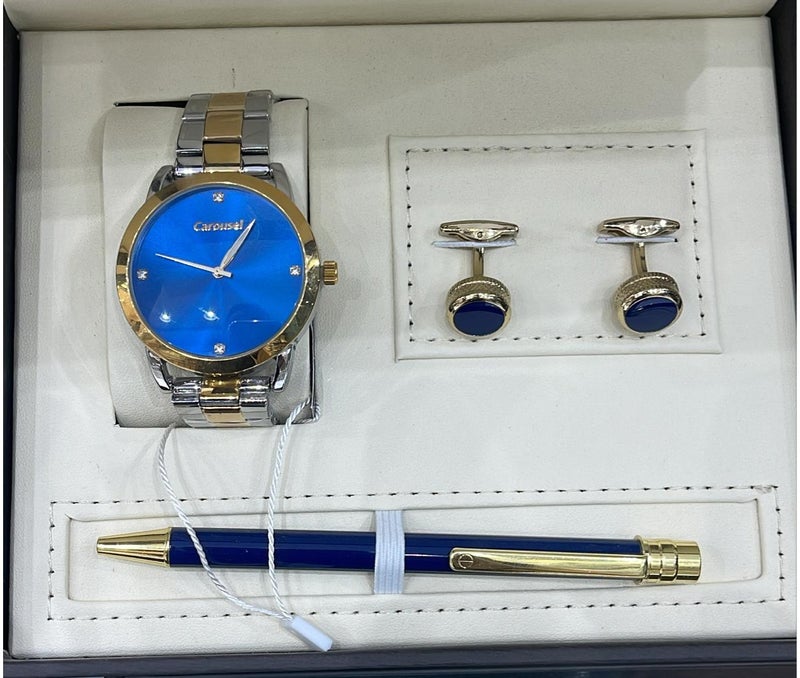 A gift set for men consisting of a wristwatch, a pair of cufflinks, and a ballpoint pen.